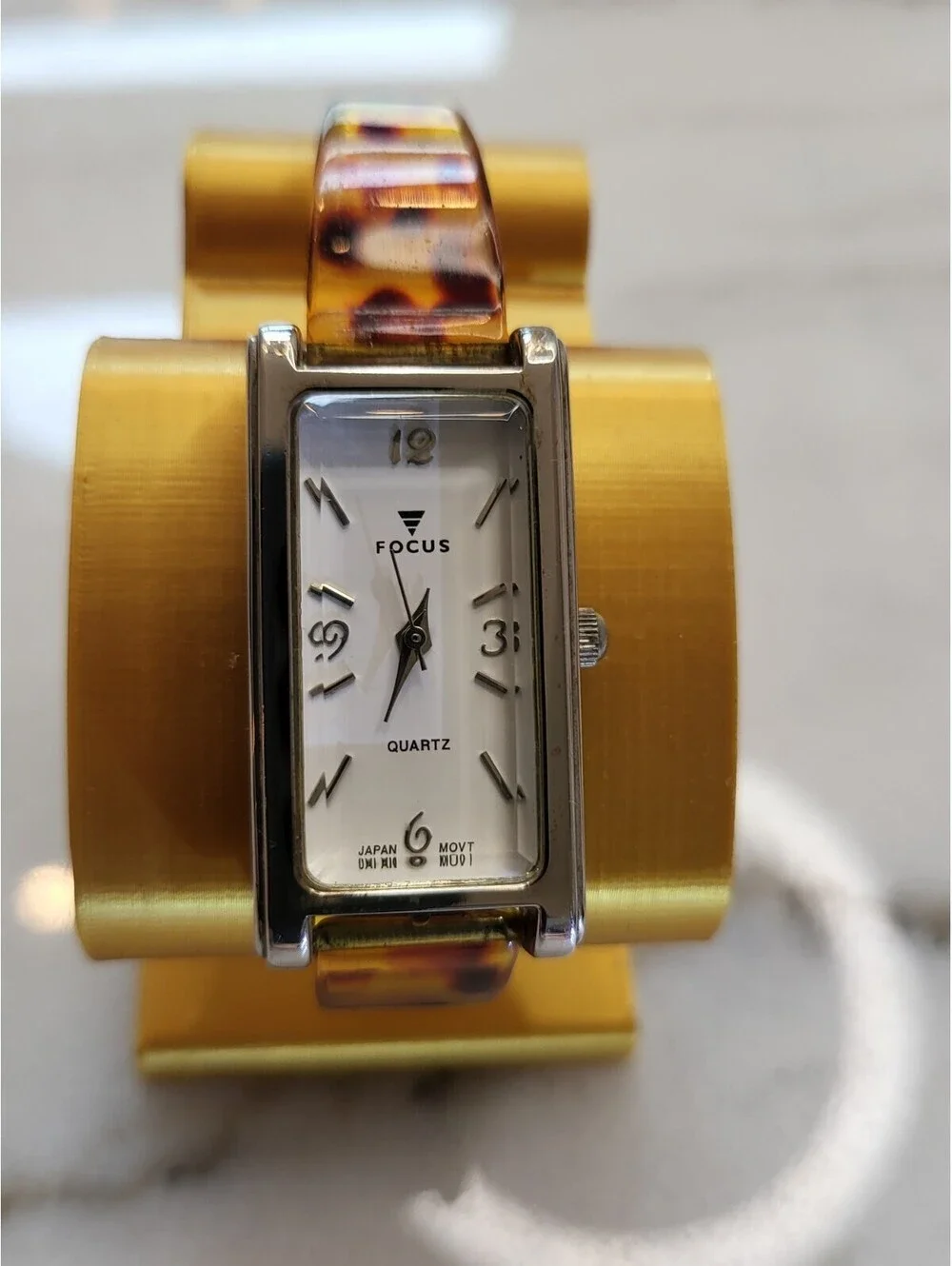 Vtg FOCUS Womens Watch SilverCase Bakelite Leopard Band JapanMvmt Working EUC 7